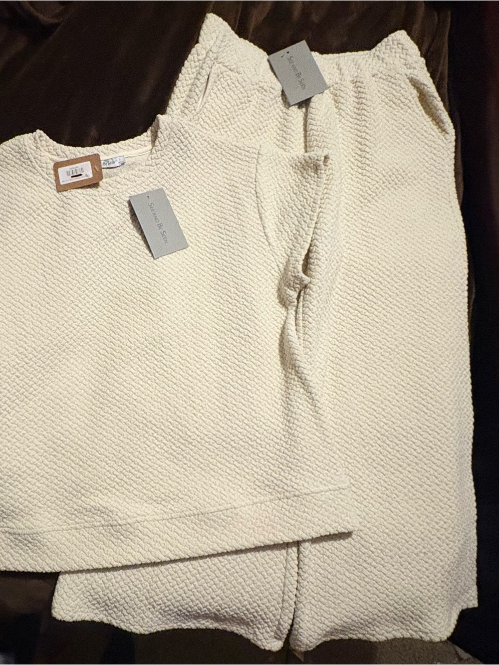 NWT See And Be Seen Cream Textured Knit Co-Ord Loungewear Pant Set Size L T3873